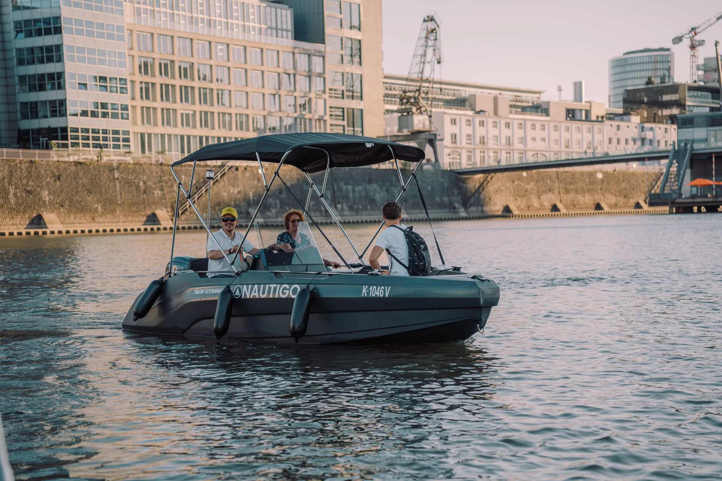 SeaStorm 17 with a well-kept HDPE hull at slow speed in a harbour basin