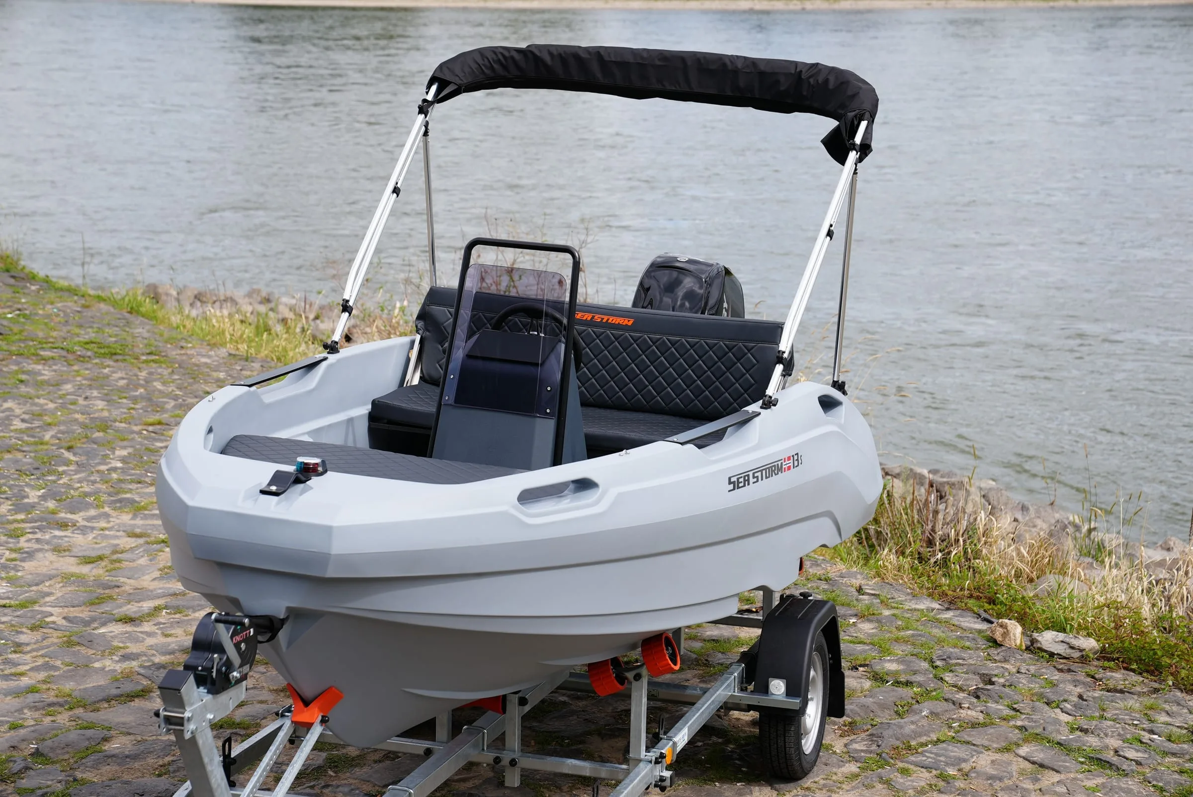 SeaStorm 13s seen from the front quarter with bimini top