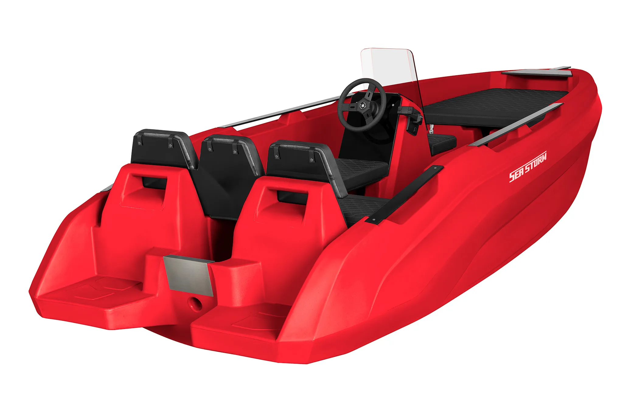 SeaStorm 14 HDPE console boat with a Mercury outboard on the water