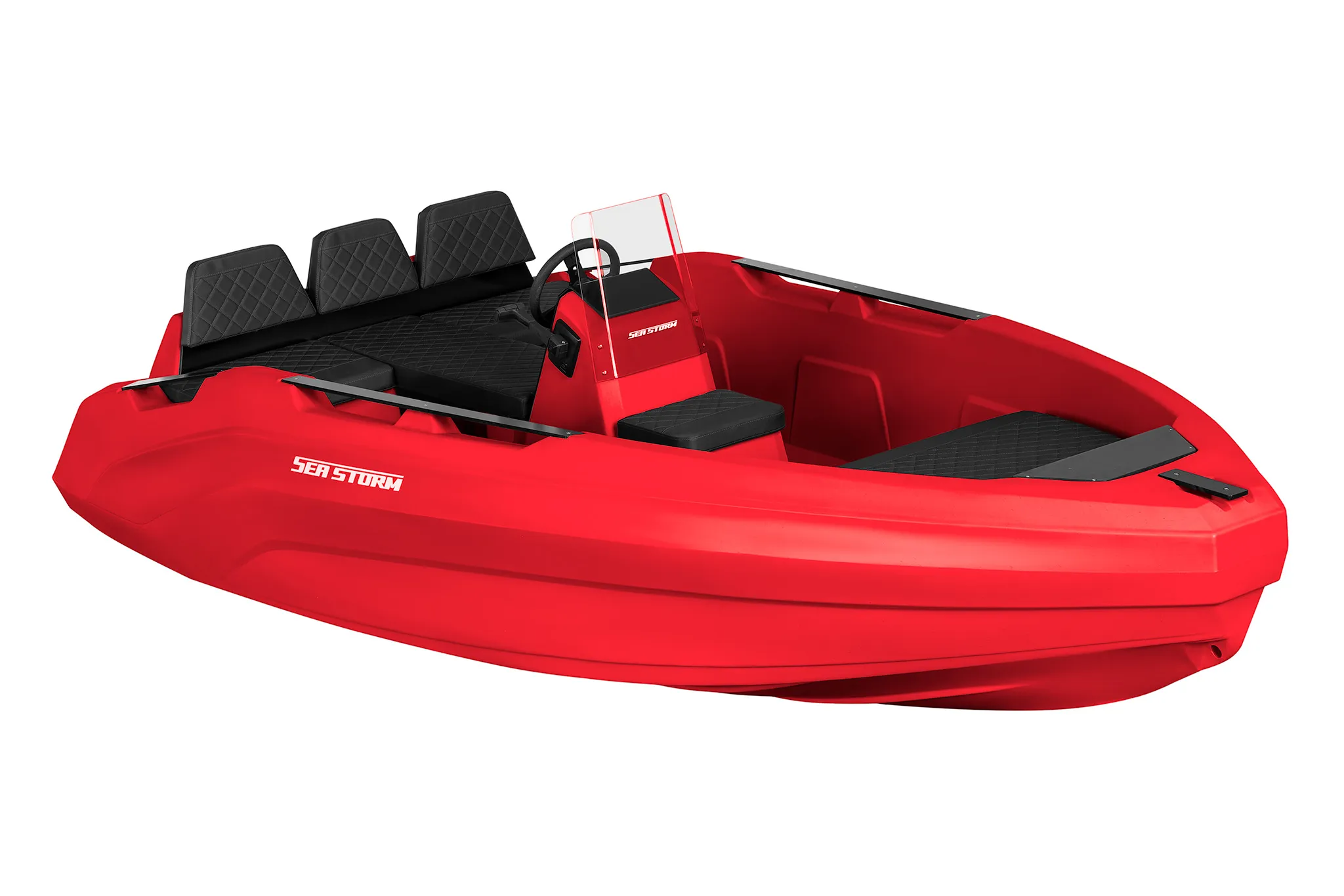 SeaStorm 14 in red HDPE with an open deck, steering console and grab rails